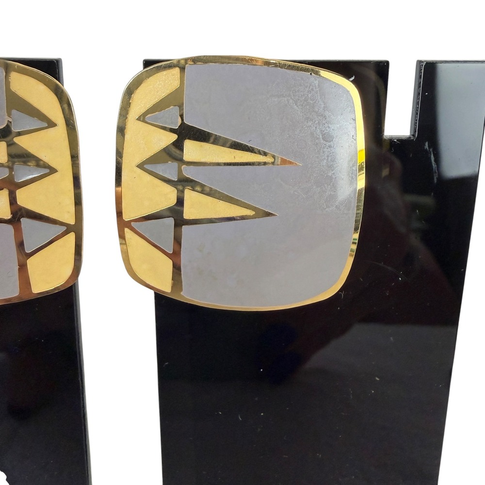 Vintage Modernist Geometric Grey Gold Tone Statement Square Post Earrings - Picture 2 of 6